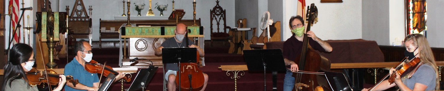 Members of the Sullivan County Chamber Orchestra perform a physically distanced live concert in September at St. John’s Episcopal Church in Monticello: Akiko Hosoi, left, Alexander Margolis, Luke Krafka, Andrew Trombley and Chelsea Wimmer.